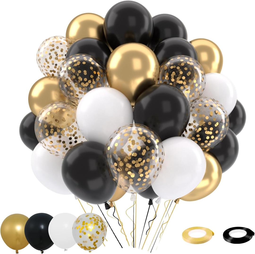 Patimate Black Gold Confetti Balloons Set, 50 pcs 12 inch Metallic Gold Black White Confetti Latex Balloons Kit for Birthday Wedding Graduation New Years Anniversary Party Decorations