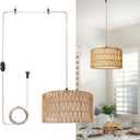 HuisMier Plug in Pendant Light Rattan Hanging Lamp 15 Ft Boho Hanging Lights with Rattan Woven & Fabric 2 in 1 Shade, Dimmable Plug in Pendant Light for Living Room Bedroom Dining Room (Beige and White)