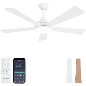 Ceiling Fans with Lights and Remote/App Control: 52 Inch White Ceiling Fan with Light, Quiet Reversible DC Motor, Dimmable Tri-Color LED, Modern Ceiling Fan for Bedroom/Patio, Indoor/Outdoor