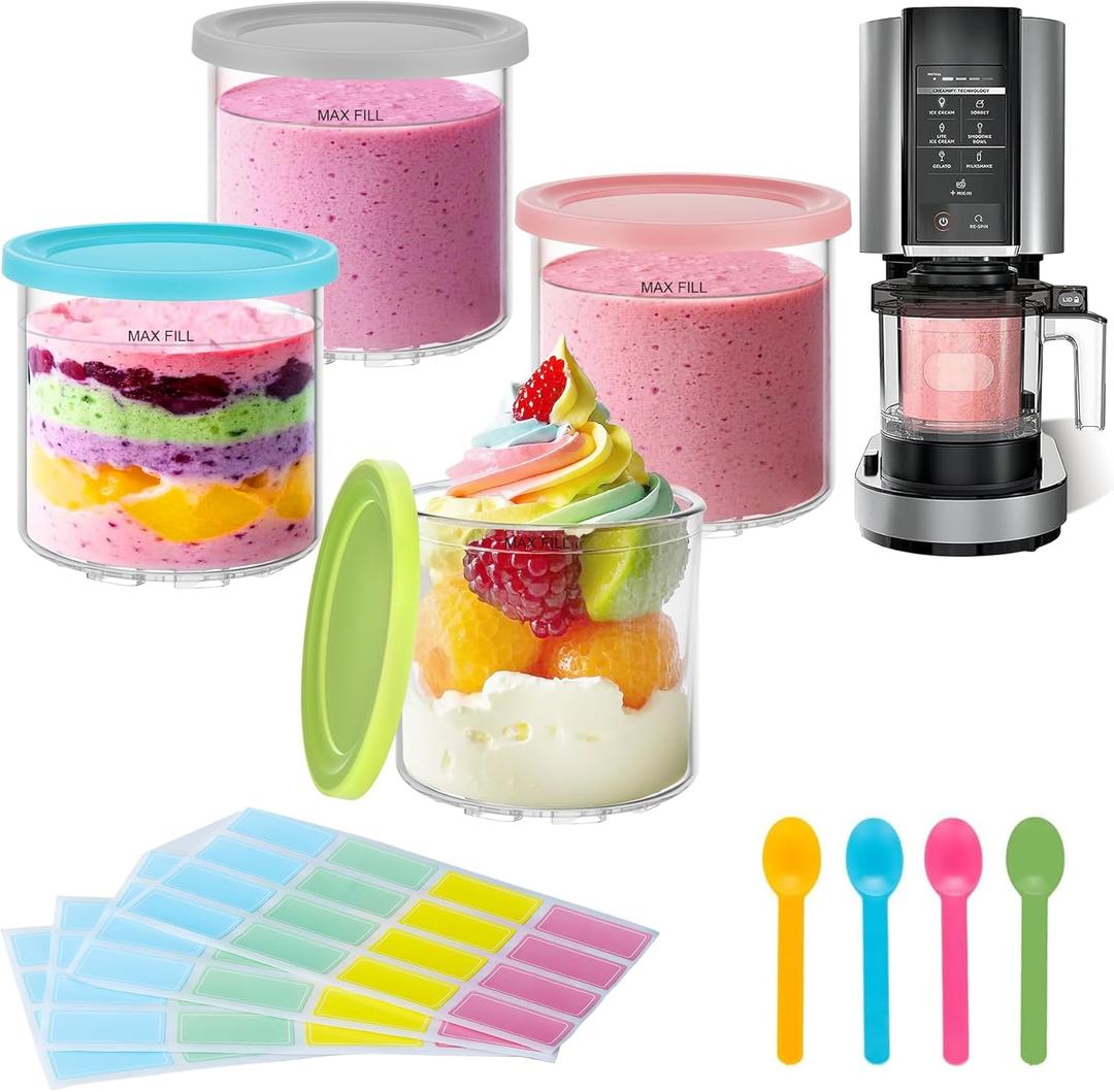4 Pack Creami Pint Containers and Lids for Ninja, Compatible with Ninja NC299 NC300 NC301 Series Creami Maker Maker Machine Accessories, BPA Free & Dishwasher Safe, Assorted Colors (Pink, Turquoise, Blue & Grey)