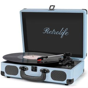 Vinyl Record Player 3-Speed Bluetooth Suitcase Portable Belt-Driven Record Player with Built-in Speakers RCA Line Out AUX in Headphone Jack Vintage Turntable Haze Blue
