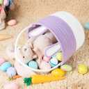 Easter Basket Cotton Rope Easter Bunny Baskets Empty with Handle for Egg Hunt Gifts, Girls Boys First Easter Basket Bucket with Velvet Drawstring Gift Bag for Easter Stuffers, Purple & White
