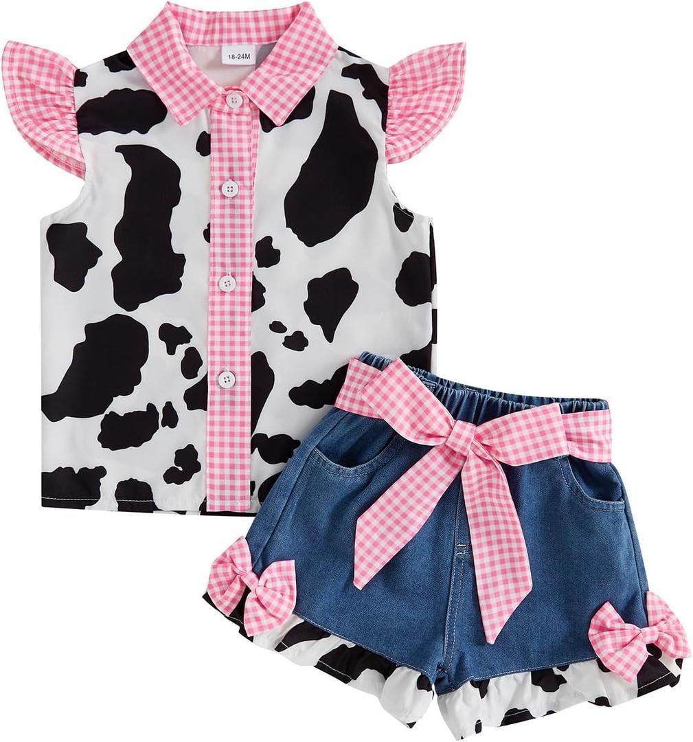 Toddler Girl Denim Western Outfit Baby Cowgirl Clothes Ruffle Cow Print Shirt Button Down Tops Belted Jeans Shorts (White, S)