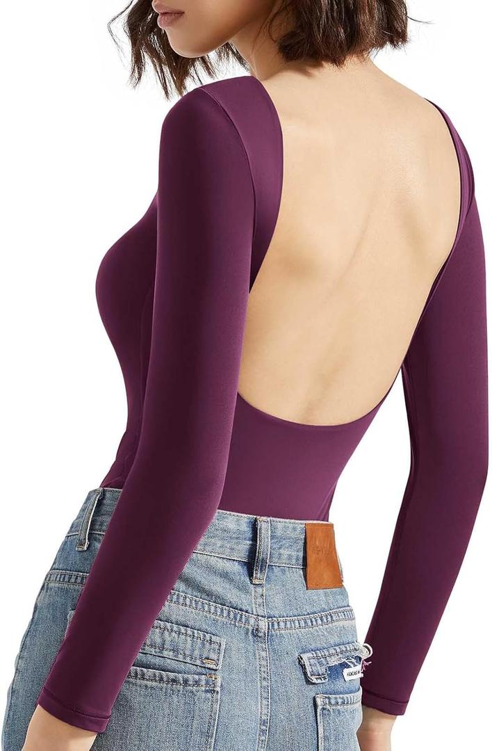 SUUKSESS Women Backless Y2k Long Sleeve Bodysuit Double Lined Open Back Sexy Basic Top (Medium, Plum)