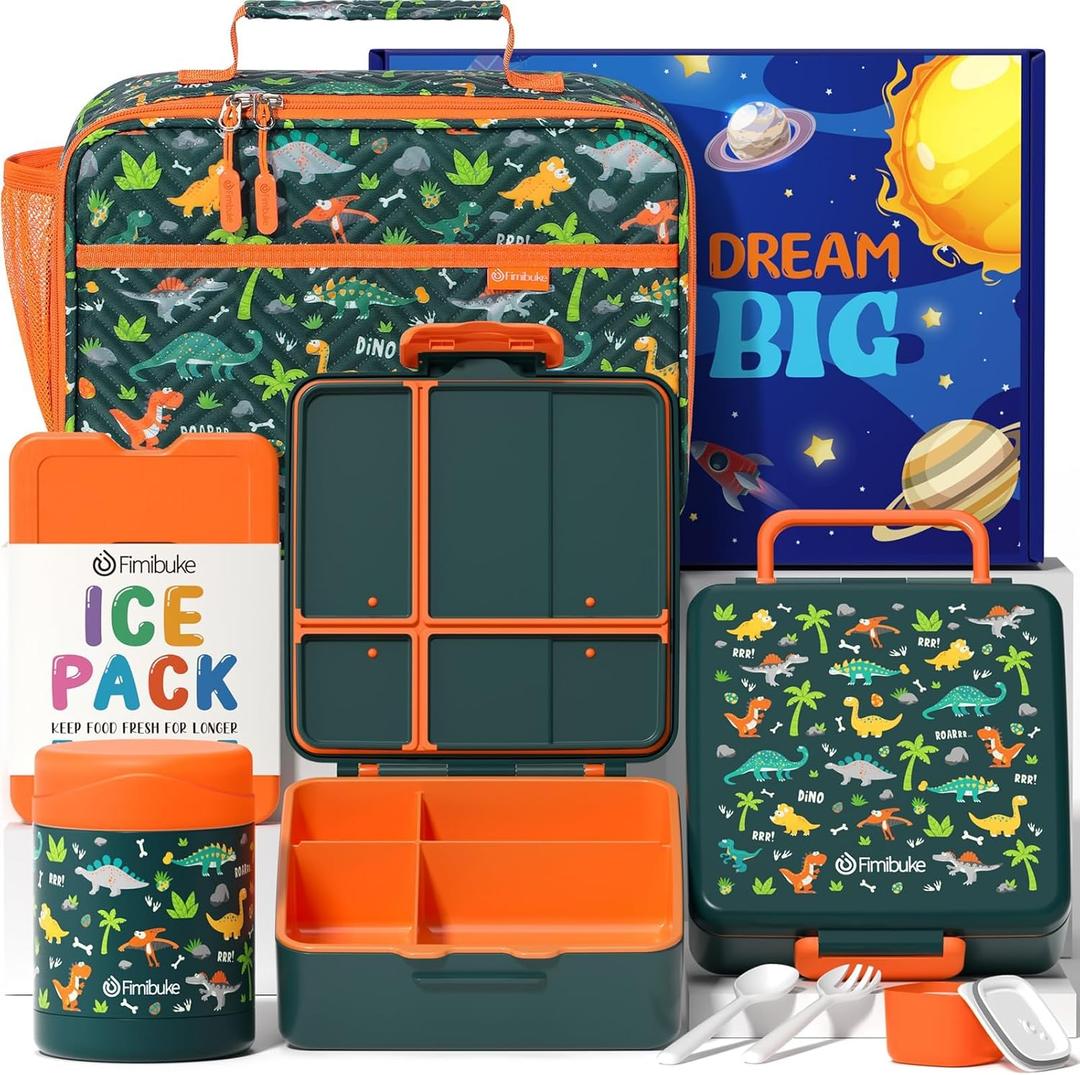 Fimibuke Kids Bento Snack Lunch Box with 4 Compartment, Insulated lunch Bag, Stainless Steel Vacuum Thermos Food Jar, Ice Pack, Utensils Set, Birthday Gift for Age 3-12 Back to School Toddler Girl Boy (A7.Green Dinosaur)