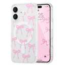 UEEBAI Magnetic for iPhone 16 Case, Bow Case Compatible with MagSafe, Wireless Slim Clear Ribbon Aesthetic Phone Cover Anti-Yellowing Shockproof Protective Cover for Women Girl - Pink