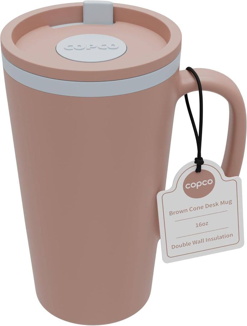 Copco Cone Desk Mug, 16 Ounce - Double Wall Insulated Travel-Friendly Mug with Lid and Handle, Microwave & Dishwasher Safe, BPA-Free Mug, Desk-Friendly & Car Cup Holder Compatible (Brown)