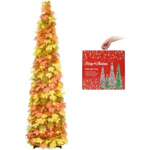MACTING Fall Tree with 100 LED Warm Lights 5FT Collapsible Autumn Maple Leaf Pop Up Tinsel Tree Battery Operated with Timer Easy-Assembly for Porch Home Apartment Holiday Thanksgiving Christmas Decor (Orange)