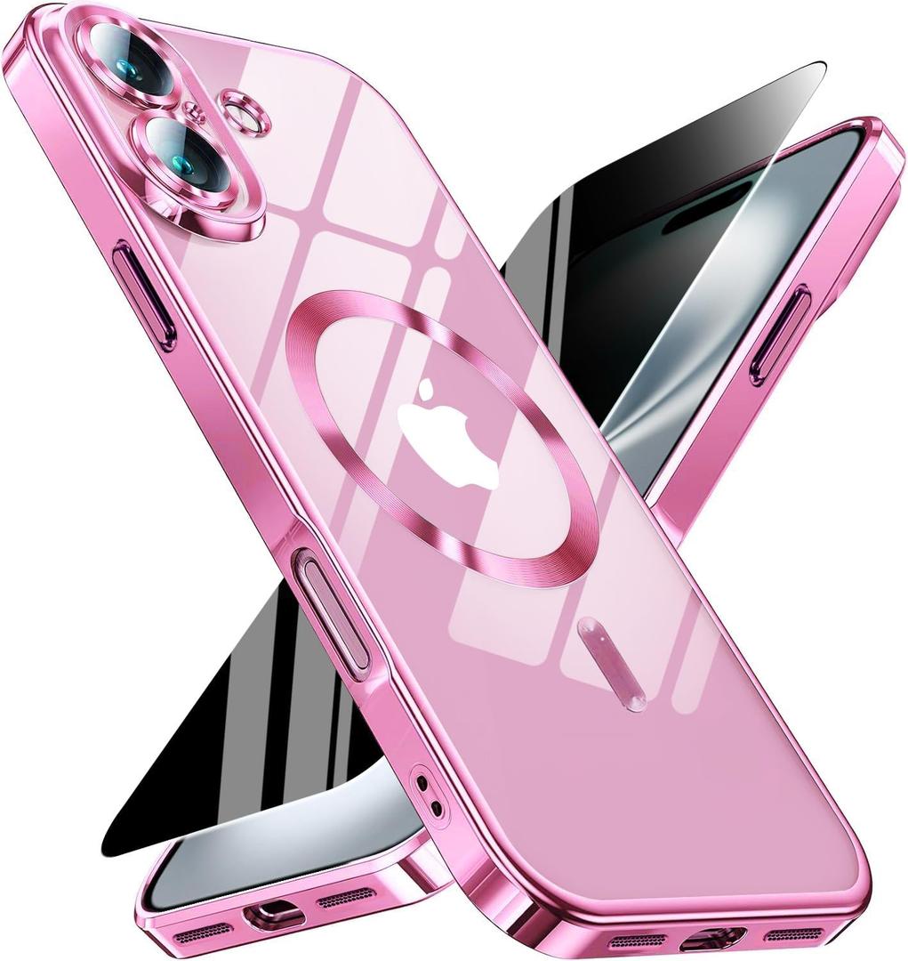 Magnetic for iPhone 17 Case with Privacy Screen Protector & Full Camera Cover,[Non-Yellowing] Shockproof Clear Phone Case Compatible with MagSafe Women Girls for iPhone17,Hot Pink