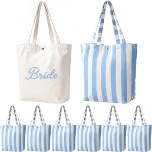 Blue Striped Tote Bag with Handle Beach Bridesmaid Canvas Bag for Bachelorette Bridal Shower Summer Party Wedding