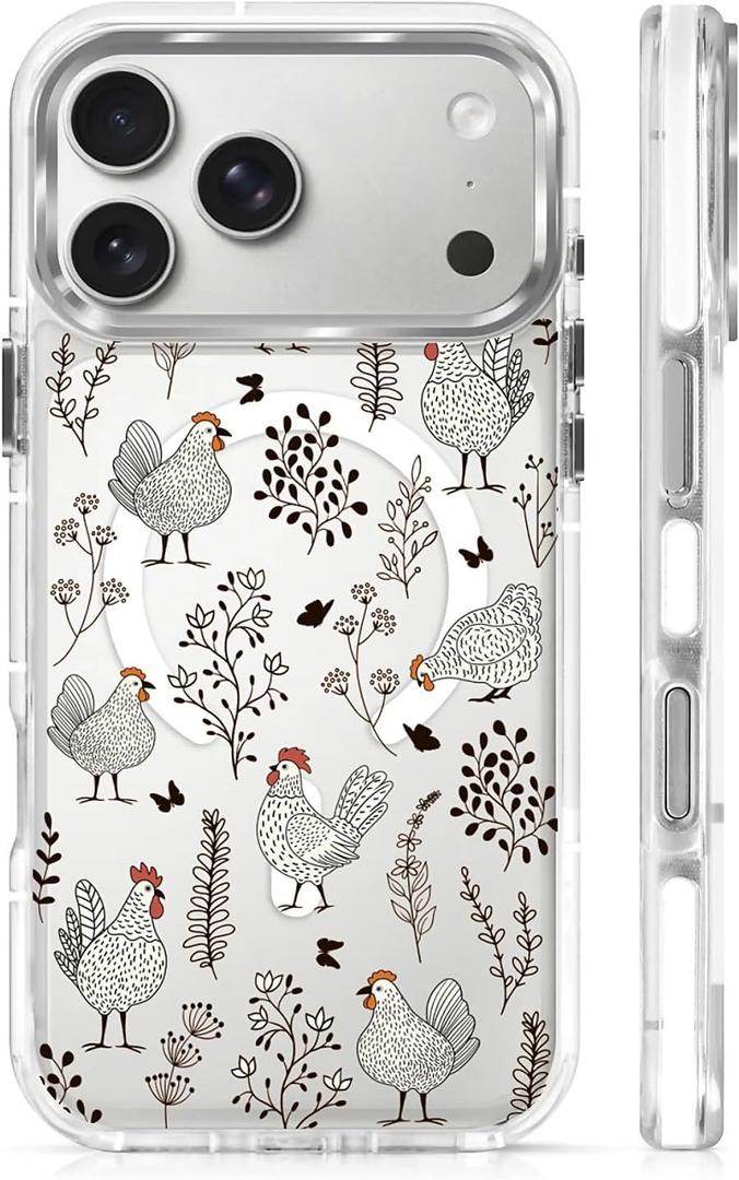 for iPhone 17 Pro Max Case [Compatible with Magsafe],Girls Women Clear Magnetic Case Silicone Shockproof Protective Cover with Pattern Chicken Butterfly Flower