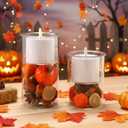 Domensi 2 Pcs Fall Glass Candle Holders with Flameless Candles Festive Votive LED Pillar Wax Battery Operated Flickering Light Candlesticks with Pumpkin Pine Cone for Fall Autumn Thanksgiving Decor