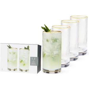 Viski Meridian Highball Glasses Set of 2 - Vintage Drinking Glass, Art Deco Ripple Glassware Design, 15oz Gold Rimmed Collins Glasses Set
