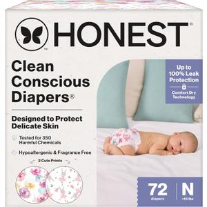 The Honest Company Clean Conscious Diapers for Delicate Skin Up to 100% Leakproof Hypoallergenic Fragrance-Free Baby Girl Prints Club Box Size Newborn 72 Count (Prints May Vary) (Rose Blossom + Tutu Cute)