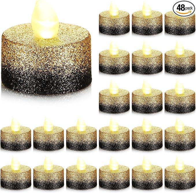 Retisee 48 Pcs Flameless LED Tea Lights Gold Black Glitter Electric Fake Candles for Centerpieces Battery Operated Anniversary Decorations Romantic Winter Decor for Wedding Festival Christmas Birthday, Gold