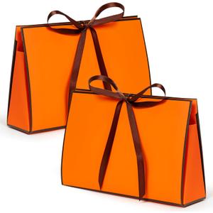 GQIRIL Orange Gift Paper Bags - 12PCS Wrap Bag Bulk with Ribbon, Orange Party Goodie Treat Box Set, Thank You Gift Wrapping Box for Diwali Fall Christmas Birthday Wedding 16 x 2.8 x 6.1''