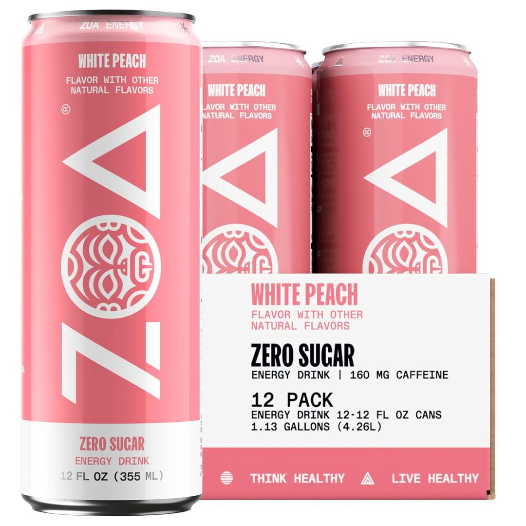 ZOA Zero Sugar Energy Drinks - White Peach | Healthy Energy Formula with Natural Caffeine, Daily Vitamin C, Essential B-Vitamins | Gluten-Free, Keto Friendly | 12 Ounce Cans (Pack Of 12) (EXP 01/03/27)