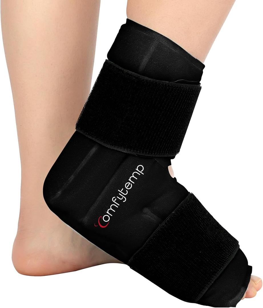 Comfytemp Ankle Foot Ice Pack Wrap for Plantar Fasciitis Relief, Ankles Brace for Sprain, Heel Spur, Swelling, Achilles Tendonitis, Cold Bag for Injuries Reusable, Hot Cold Compress, 1 Pack (Black)