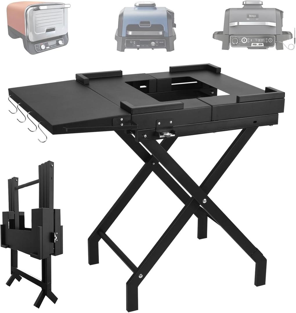 BSARTE Grill Table Folding Stand fit Ninja Woodfire Outdoor OG700, OG800 and OG900 Series Grills with Side Table & Tissue Holder, Metal Stand Solid and Sturdy