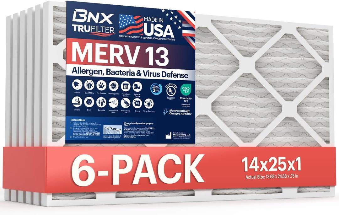 BNX TruFilter 14x25x1 Air Filter MERV 13 (6-Pack) - MADE IN USA - Electrostatic Pleated Air Conditioner HVAC AC Furnace Filters for Allergies, Pollen, Mold, Bacteria, Smoke, Allergen, MPR 1900 FPR 10