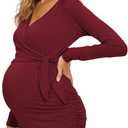 Love2Mi Maternity Shirts Long Sleeve Wrap Tie Front Side Ruched Maternity Tee Top Pregnancy Clothes Wine Red (XL)