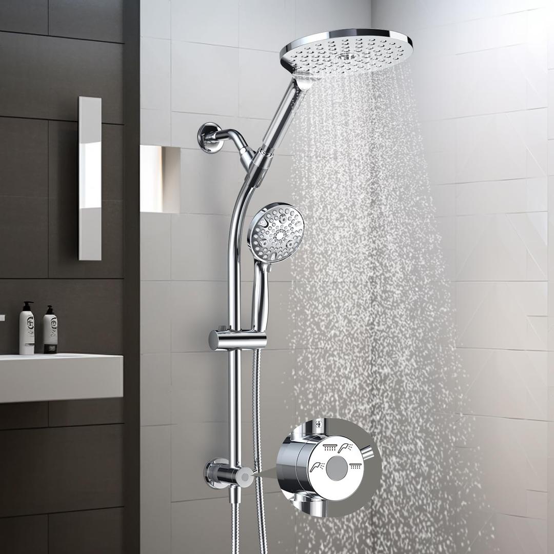 7.5" Rotatable Dual Shower Head with Handheld Combo, Kids Friendly Low 3-Way Diverter, Adjustable Slide Bar for Whole Family Use, Enjoy High Pressure Rainfall Spa Shower, Polished Chrome Finish