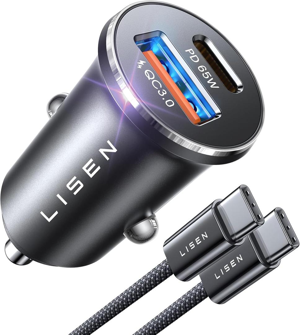 LISEN USB C Car Charger Fast Charging, Dual Port PD 65W Car Charger USB C Super Fast, Cigarette Lighter Adapter All Metal Fast Car Charger for iPhone 16 Pro Max 15 14 iPad Samsung Galaxy, Blue