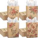 Jutom 48 Pack Kraft Paper Floral Gift Bags with Handles Thank You Flower Bags with Tissue Paper Kraft Paper Treat Bags for Tea Party Birthday Wedding Baby Shower Business Supplies