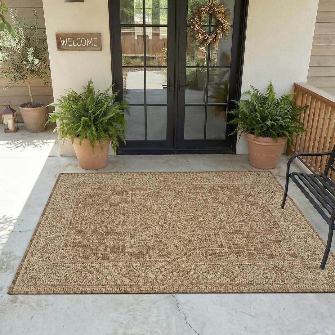MontVoo-Polypropylene 3x5 ft Indoor Outdoor Entryway Rug Porch Rug Door Mats Rugs Small Accent, Textured Weave, Durable for High Traffic, Fade-Resistant, Non-Shedding, Vintage Medallion Neutral Brown