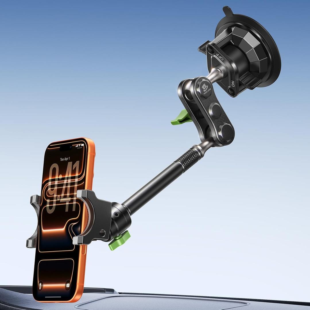 MAGIC JOHN Car Phone Holder, Ultra-Durable Mteal Phone Holders for Your Car, 360 Rotation Cell Phone Car Mount for Windshield, Suction Cup Car Phone Mount for iPhone Samsung All Smartphone