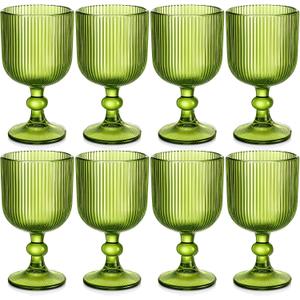 Green Glass Goblets Set of 8, 13 oz Vintage Goblet Glassware Decorative Wine Glasses, Cute Water Drinking Cups, Vertical Line Embossed Pattern Drinkware Cocktail Set for Xmas Gifts