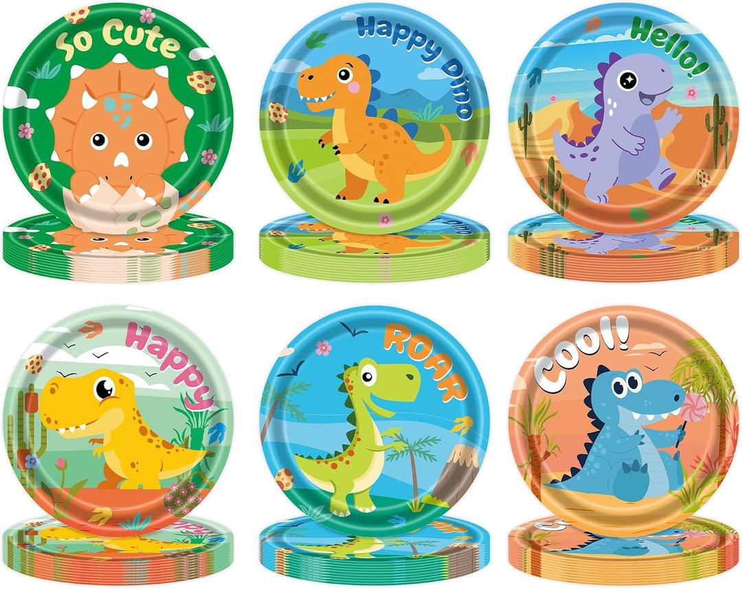 60 Pcs Dinosaur Color Paper Plates - Exciting for Dinasour Birthday Party Decorations! Enjoy Cartoon Dessert Disposable Dinnerware for Boys & Girls Theme Party Supplies!