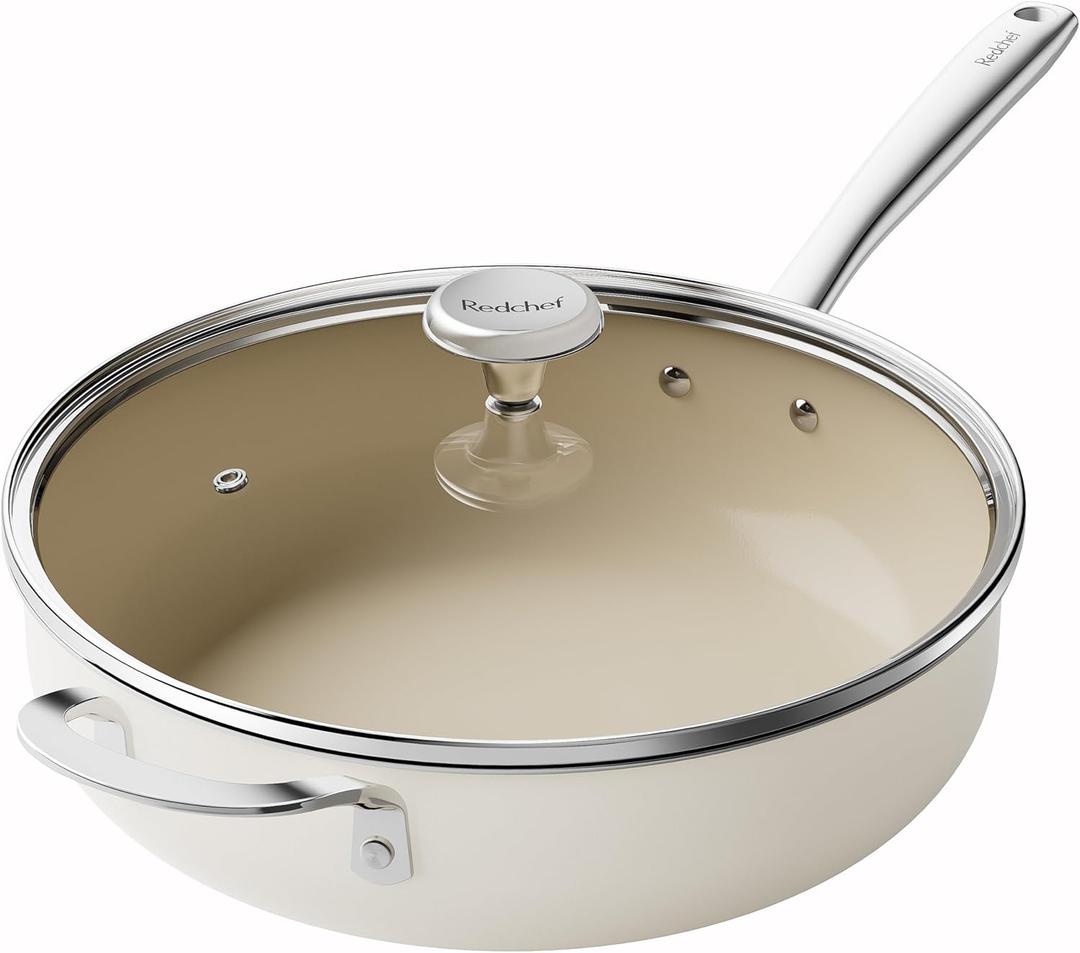 Redchef Ceramic Saute Pan with Lid, Nonstick Deep Frying Pan, 5QT Jumbo Cooker with Helper Handle & Lid, Non Toxic Ceramic Cooking Pan, Chef Pan, Dishwasher & Oven Safe, PFAS PFOA & PTFE Free (Beige)