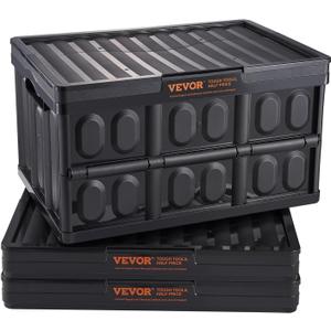 VEVOR 45L Collapsible Storage Bins with Lids 3 Packs, Stackable Utility Crates with Handles, Large Folding Containers for Organizing Tools, Snacks, Books, Food, Drinks, Camping & Transport  45L-Black-3PC