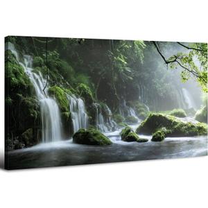 Waterfall Wall Art Nature Forest Lake Picture Wall Decor for Living Room Foggy Mountain Landscape Painting Prints Bedroom Wilderness Woodland Poster Stream Artwork Bathroom Home Decoration 20x40"