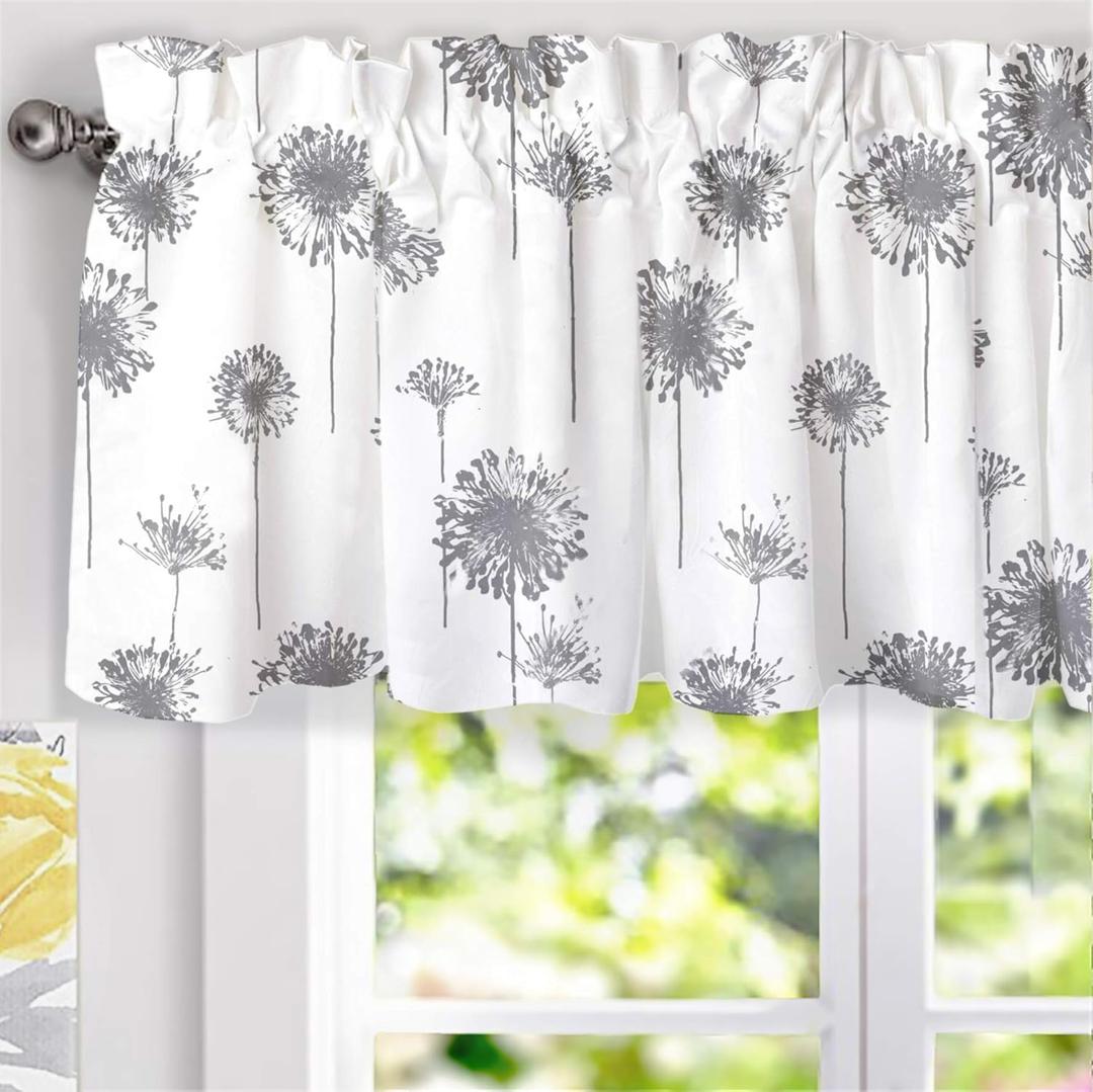 DriftAway Dandelion Floral Botanical Lined Thermal Insulated Window Curtain Valance Rod Pocket 52 Inch by 18 Inch Plus 2 Inch Header Gray 1 Pack