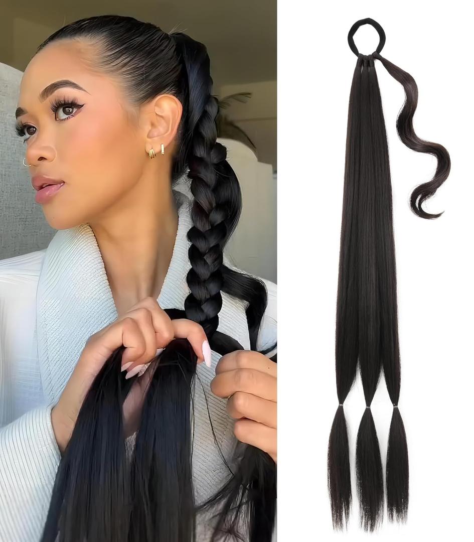 Long Braided Ponytail Extension with Hair Tie Wrap Around Straight Hair Extension Ponytail 34 Inches Natural Soft Synthetic Hairpiece for Women Daily Weddings Parties and Festivals Wear 150 Gram Black