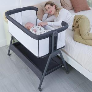 ANGELBLISS Baby Bassinet Bedside Crib with Storage Basket and Wheels, Easy Folding Bed Side Sleeper Adjustable Height Portable Crib for Newborn (Grey)