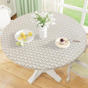 misaya Round Fitted Tablecloth with Elastic Edge, 100% Waterproof Oil Proof Plastic Table Cover, Vinyl Flannel Backed Tablecloth Fits 36"-44" Round Tables for Dinner, Outdoor, Picnic, Weave