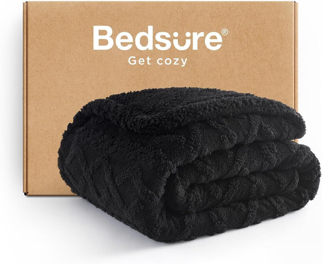 Bedsure Gentlesoft Sherpa Fleece Blanket Twin Size for Bed - Fluffy & Cozy Cable Jacquard Tufted for Women Gift, Thick and Warm Christmas Blanket for Winter, Black, 60x80 Inches