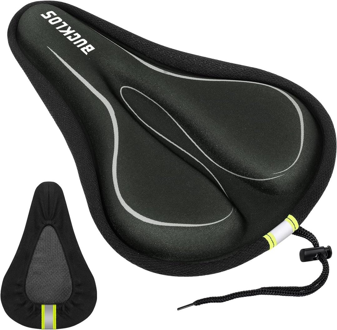 BUCKLOS Bike Seat Cover Bicycle Seat Cushion Comfort Memory Foam Padded for Men Women Extra Soft Bicycle Seat Cover with Drawstring Fit for Stationary Mountain & Road Bikes (Lycra Foam-SILVER)