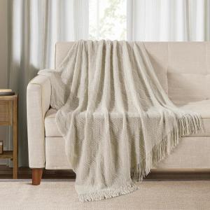 BOURINA Beige Throw Blanket 50x60 Inches Throw Textured Solid Soft Ripple Throws and Blankets for Sofa or Bed Knitted Decorative Bla