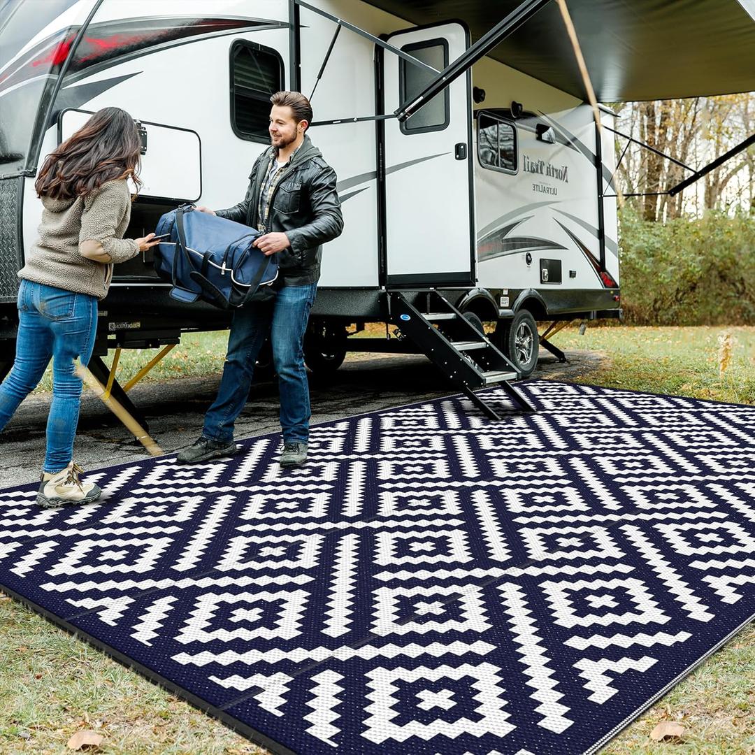 GENIMO Outdoor Rug for Patio Clearance, 10'x14' Waterproof Large Camping Mat, Reversible Plastic Straw Rugs for RV, Camper, Balcony, Backyard, Picnic, Deck (Navy Blue & White)