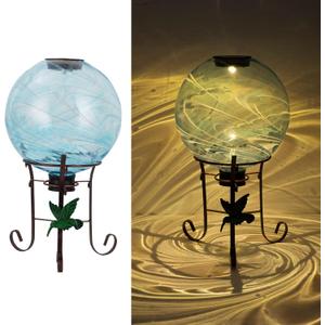 10 Inch Solar Glass Gazing Ball, with 9.4" Tall Metal Gazing Globe Stand, Solar Ball Lights Display Holder Set for Outdoor Garden Lawn Yard Decoration, Blue Water Ripple