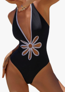 MakeMeChic Women's One Piece Swimsuit Floral Halter Plunge V Neck Cut Out Backless Tummy Control Swimwear, Black, XL