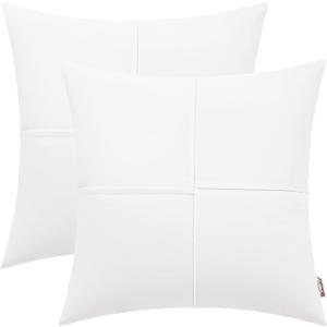 BRAWARM Faux Leather Throw Pillow Covers 16 X 16 Inches, White Leather Pillow Covers Pack of 2, Hand Stitched Leather Decorative Throw Pillows for Couch Sofa Bed Living Room Home Garden