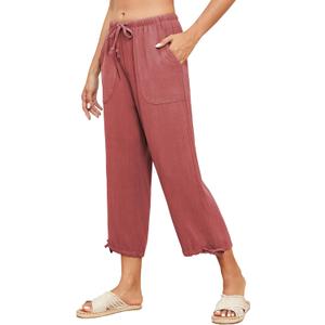 Famulily Womens Capri Pants High Waisted Wide Leg Lounge Linen Pant Drawstring Causal Palazzo Trousers with Pockets (Large, Red)