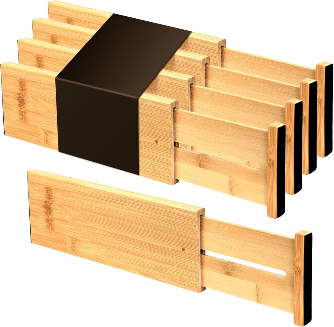 Utoplike Bamboo Dresser Drawer Dividers, 4'' High Adjustable Drawer Organizers for Clothing, Spring Loaded, Works in Kitchen, Bathroom, Bedroom, Drawer, Desk, 4 pcs (Natural)
