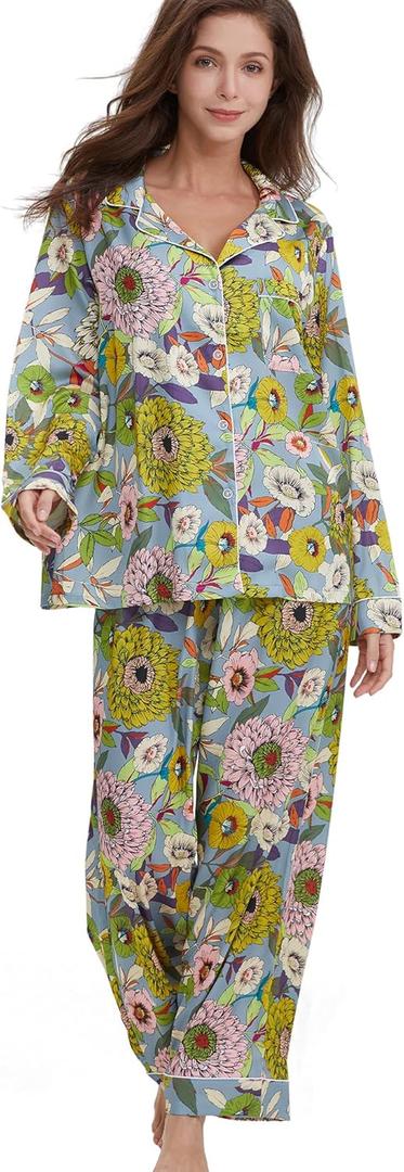 Womens Silk Satin Pajamas Set Button Down 2 Piece Pjs Long Sleeve Oversized Sleepwear with Pockets (Large, Yellow Chrysanthemum)