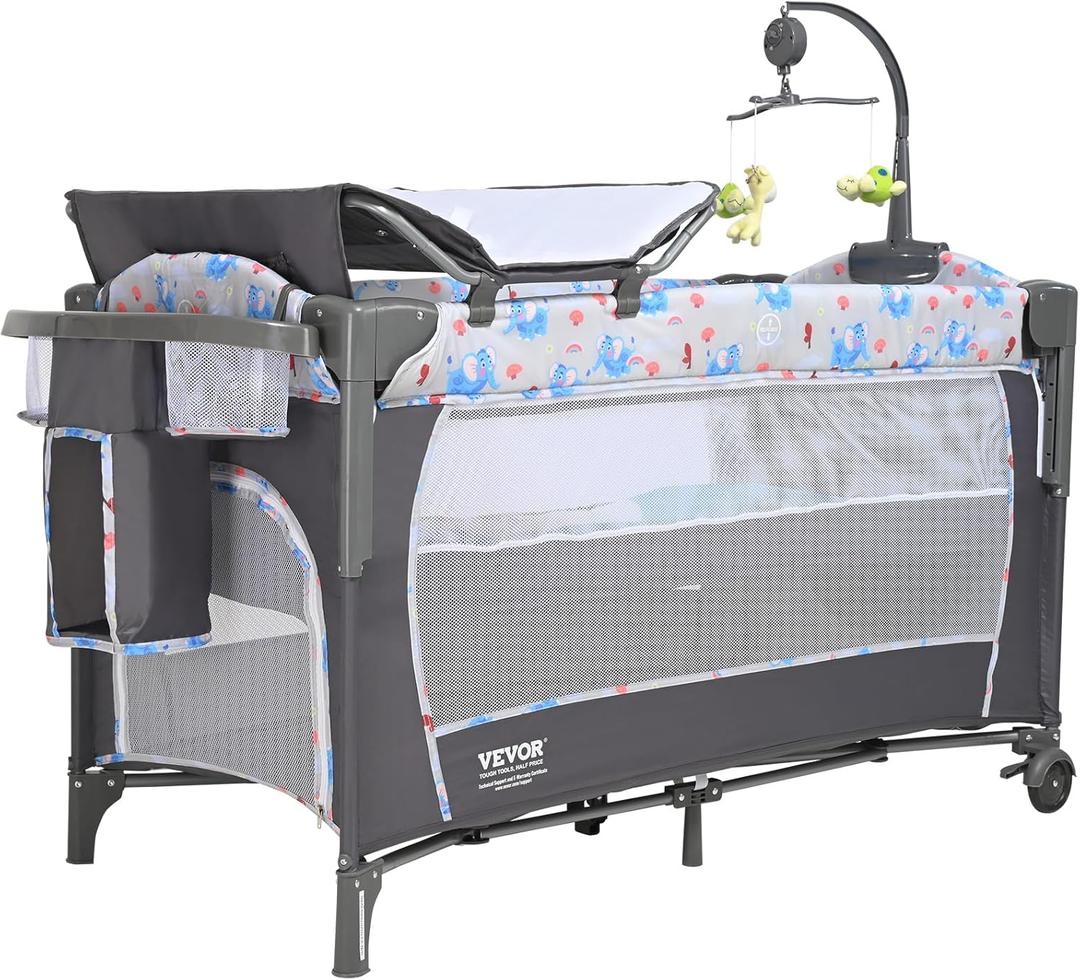 VEVOR Baby Bassinet, Pack and Play Bassinet Fold Portable Baby Bedside Sleeper Crib with Changing Table, Baby Playards Bed with Mosquito Net(Two Wheels)